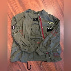 Bershka Utility Jacket, Olive Green, with Embroidered Patches and Words, Size XS
